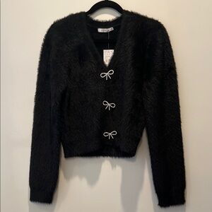 Black Fuzzy Cardigan with Bow Accents